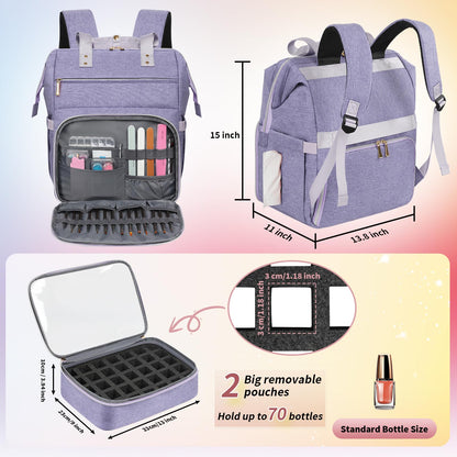 Nail Polish Organizer Case Backpack Holds 70 Bottles (15ml/0.5fl.oz) & Nail Lamp, 2 Layers Detachable Nail Kit Storage Case, Large Travel Nail Supplies Shoulder Bag for Manicure Tools (Purple)