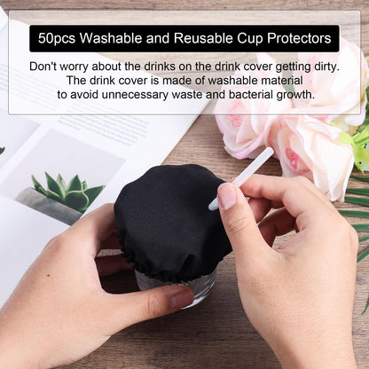 50pcs Drink Covers, Polyester Elastic Stretchable Washable Drink Protector with Straw Hole Bottle Protection Accessories Fits Most Cups for Bar Club Party (Black)