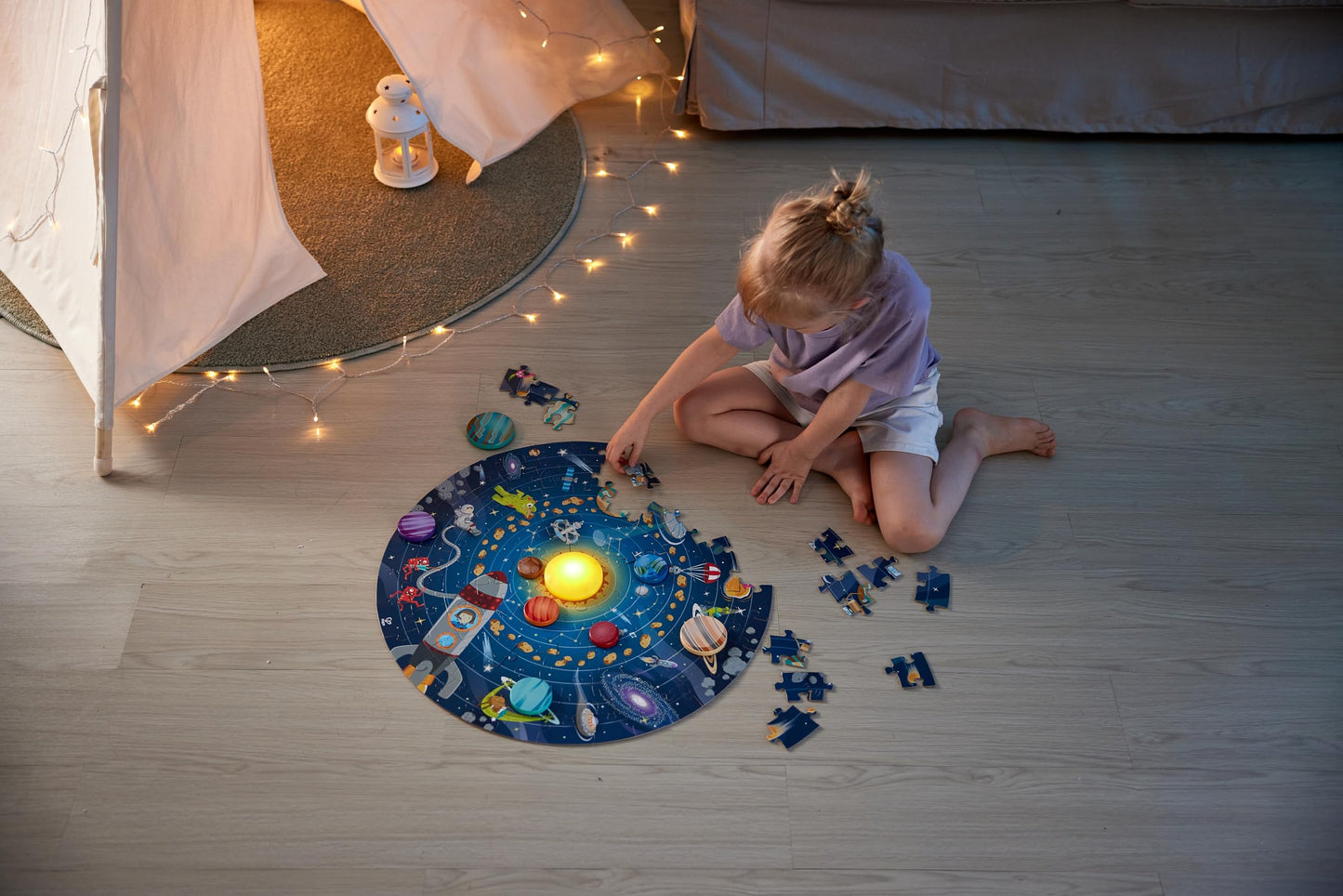 Hape Solar System Puzzle | Round Solar System Puzzle Toy for Kids, Solid Wood Pieces and A Glowing LED Sun