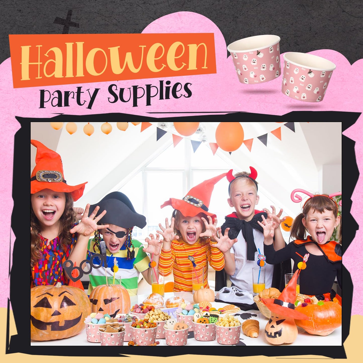 Spiareal 24 Pcs Halloween Bowls Pink Ghost Disposable Paper Bowls 9oz Halloween Treat Snack Cups Candy Dessert Ice Cream Party Cups for Holiday Table Decoration Party Favor Supplies