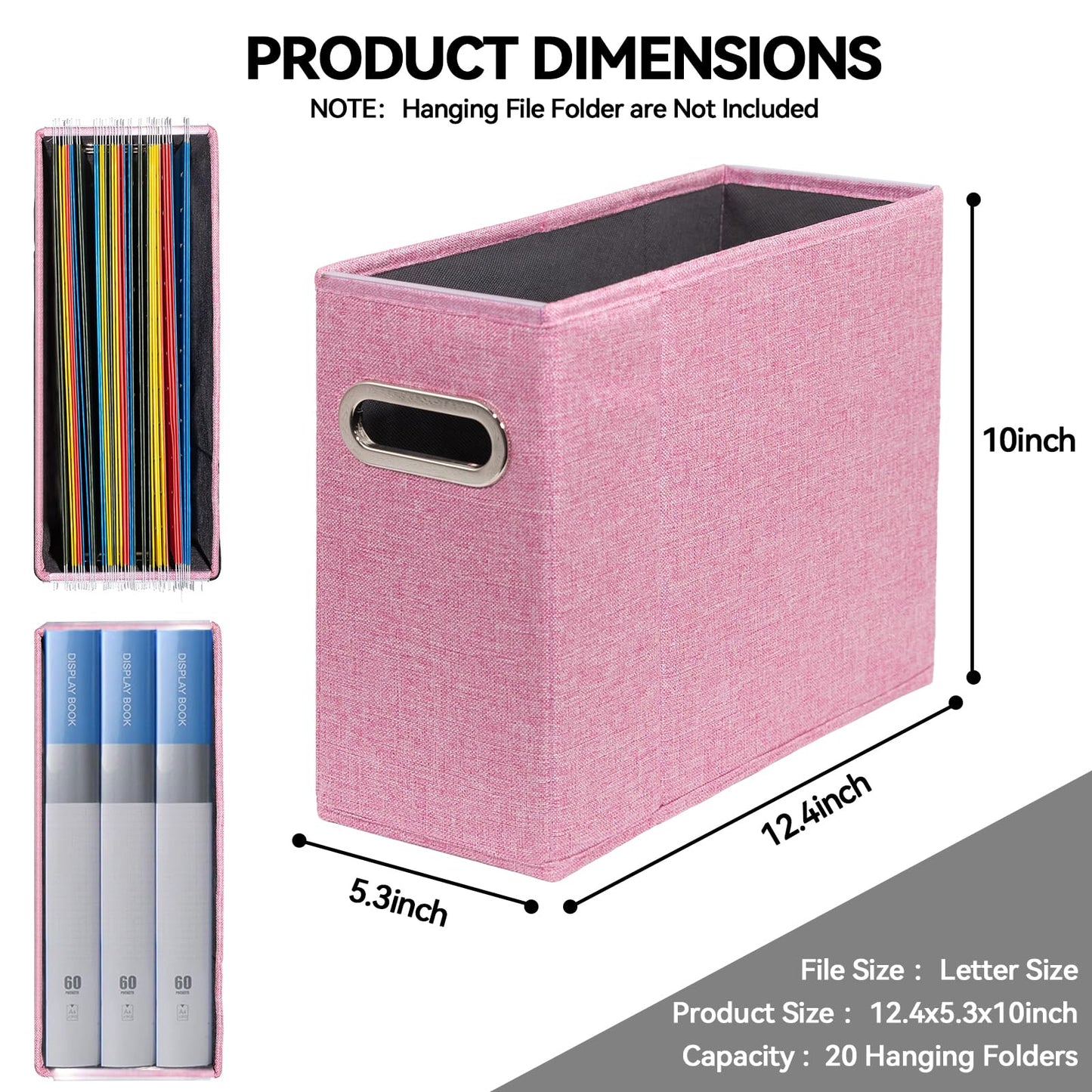 ComfortKeeper 4 Packs Letter Size File Organizer, File Folders Organizer, Fabric Storage Box, Collapsible Paper Organizer with Metal Handle, Smooth PVC Rails, Only Box (Pink)