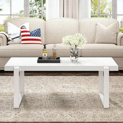 FOLUBAN White Coffee Table, Modern Rustic Wood and Metal Center Table, Rectangle Cocktail Tea Table for Living Room, 47 Inch