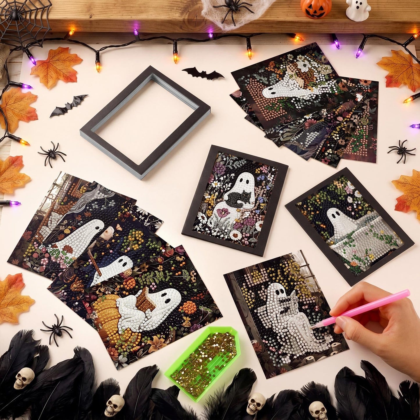 Saillong 24 Pcs Halloween Mini Diamond Art Kits for Adults Beginners DIY Spooky Ghost Pumpkin Small Diamond Painting Kits Full Paint Drill with Gem Art Painting for Home Decor 5.12x3.94 Inch