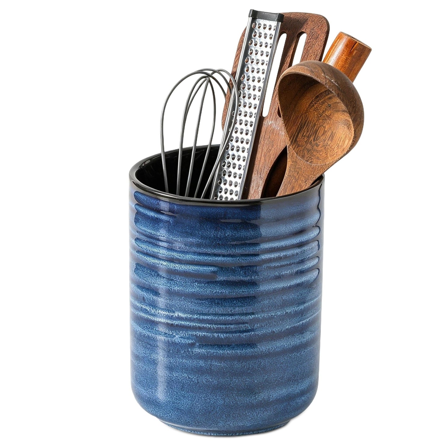 HASENSE Large Ceramic Utensil Holder, 7.4" Kitchen Utensil Crock for Countertop, Modern Farmhouse Utensil Organizer Caddy for Cooking Utensil Set, Blue Kitchen Decor
