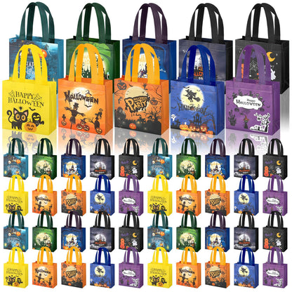 Sweetude 50 Pcs Halloween Bags Halloween Tote with Handles Non Woven Bags for Gifts Wrapping Party Supply, 7.9x7.9x3.15''(Creepy)