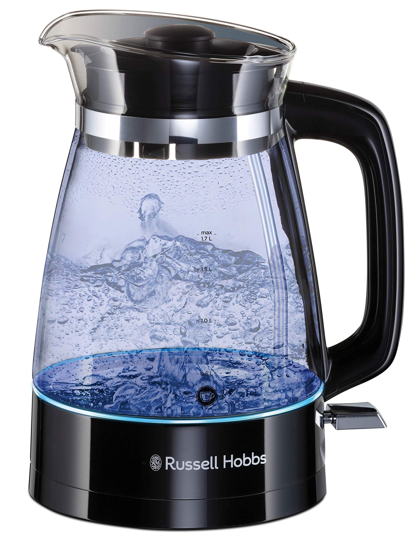 Russell Hobbs Kettle Glass [1.7 L, 2400 W, Optimised Design Spout Made of Glass, LED Lighting] Classic Design (Quick Boil Function, Removable Lid, Limescale Filter, Stainless Steel Base) 26080-70