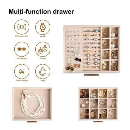 Frebeauty Clear Lid Jewelry Box,3-Layer Jewelry Organizer with Drawer,PU Leather Jewelry Organizers and Storage,Jewelry Boxes for Women,Jewelry Storage for Rings Earring Stud,Gift for Women(Beige)