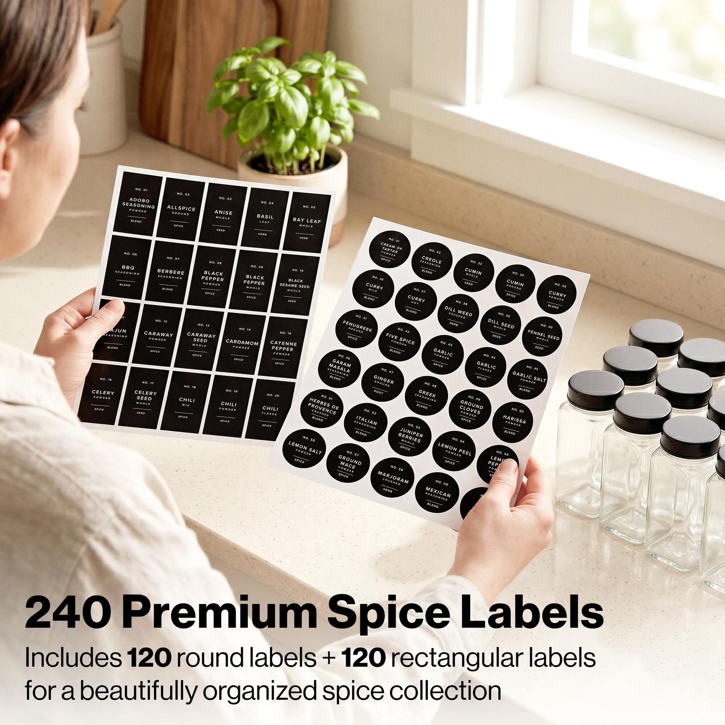 Minimalist Spice Jar Labels Self-Adhesive - 240 Stickers for Spice Jars, Spice Jars & Drawers, Round & Rectangular, Waterproof Spice Organiser Labels for Kitchen Organisation (Black)