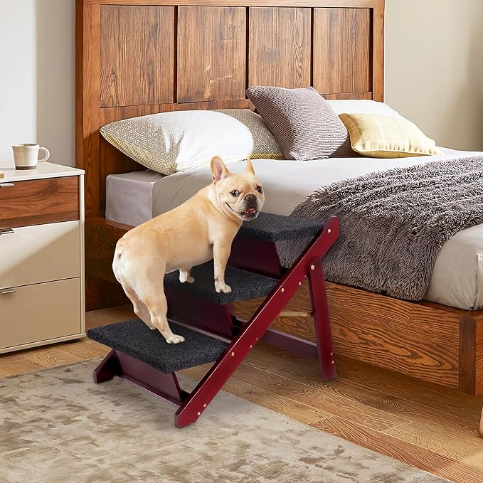 BRIKY Wooden Dog Stairs/Steps 19.5”H - Foldable 3 Steps Dog Steps for High Bed Couch Cars, Non-Slip Pet Stairs for Small Large Medium Dogs and Cats, No Assembly Required