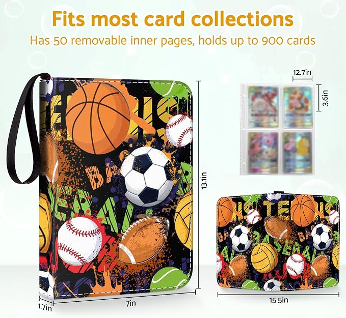 Sports Card Binder Holder 480 Pockets with 60 Removable Sleeves, Portable Sports Trading Cards Binder Album Collector Organizer Protectors with Zipper,Waterproof