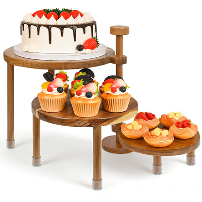 LOVYANXUE Acacia Wooden Cupcake Stand, 3 Tier Round Cake Stand 360° Rotatable Cupcake Tower with Tiered Serving Tray, Wood Dessert Table Display Set, Tiered Tray Stand for Party, Wedding (12/10/8 IN)