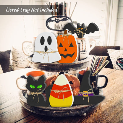 6PCS Halloween Wooden Decor - Halloween Decorations Wooden Signs Include Pumpkin Ghost Bat Black Cat Witch Hat Candy Corn Freestanding Table Signs Tiered Tray Decor for Rustic Farmhouse Home Mantle