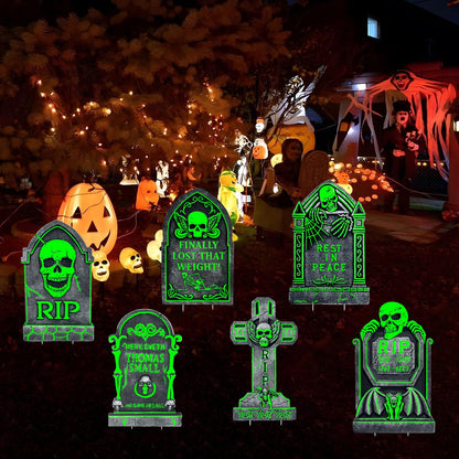 6 Pack Halloween Tombstones Graveyard Decorations, Halloween Yard Sign Glow in The Dark, 17”×10” Waterproof Outdoor Light Up Tombstones, Spooky Light Up Gravestones for Yard, Home, Party, Scary Decor