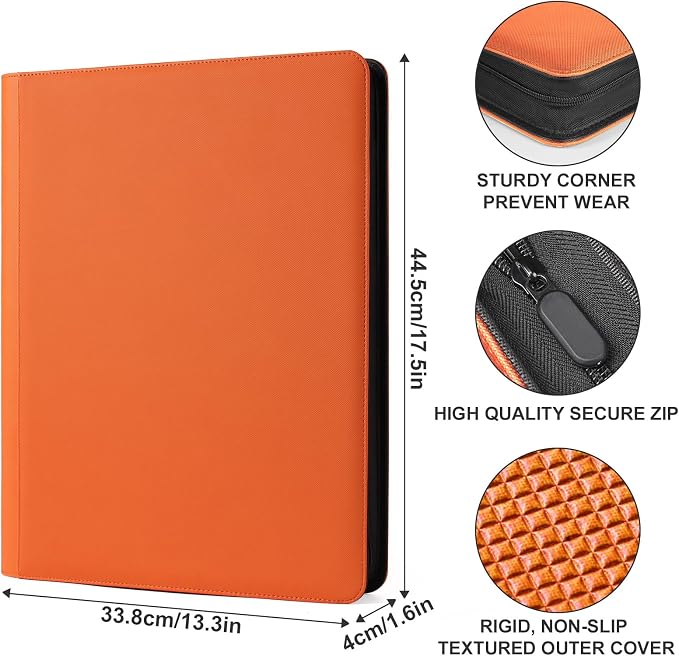 GEAoffice 16 Pocket Trading Card Binder for 1000+ Cards, Ringless Side-Loading 4x4 Card Binder with Zipper Closure, PU Leather 1024 Card Binder for MTG/TCG/Baseball/Sports&Game Cards, Orange