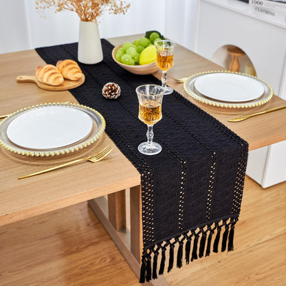 FEXIA Black Table Runner for Summer Home Decor with Tassels 90 Inches Long Farmhouse Rustic Black Halloween Table Runner Macrame Gothic Burlap Table Decoration for Living Room (12x90 Inches)