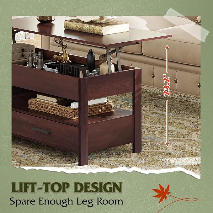 WLIVE Coffee Table, 39" Lift Top Coffee Table with Hidden Compartment, Storage Drawers and Storage Shelf for Living Room, Reception Room, Espresso
