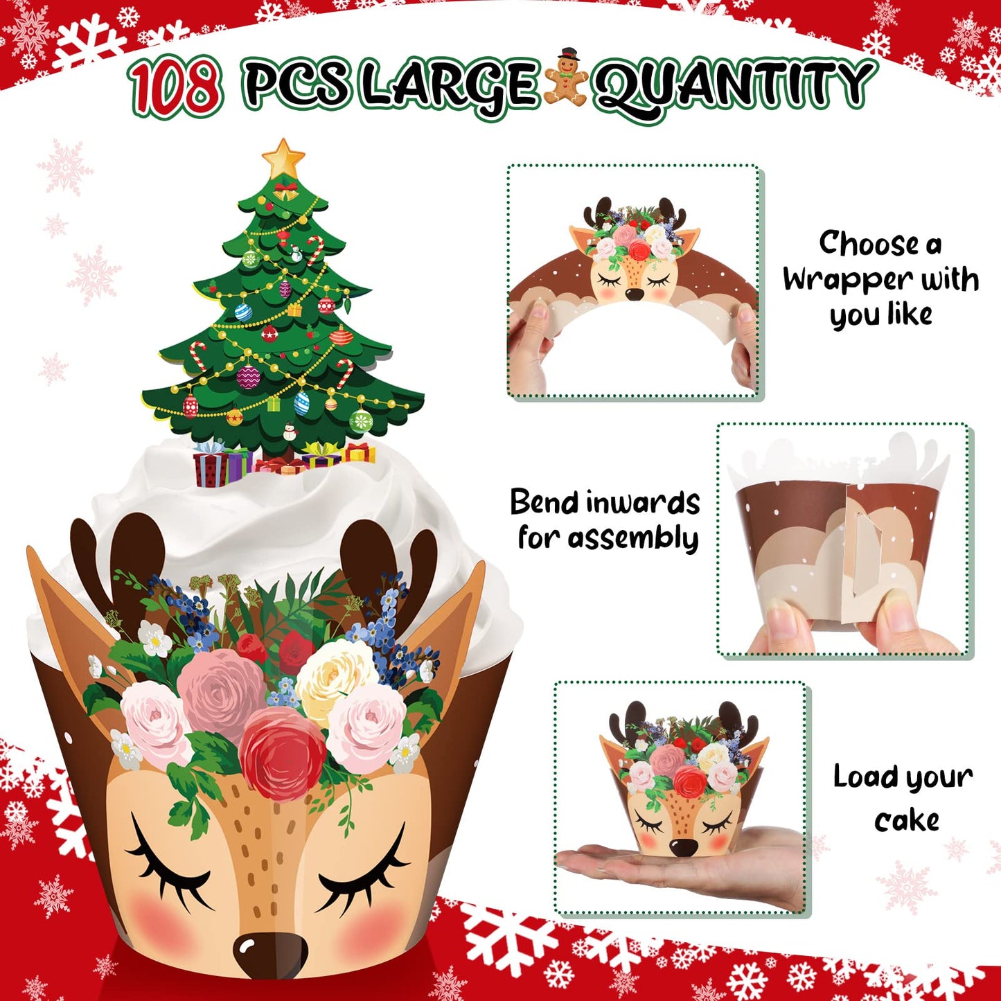 Perthlin 108 Pieces Christmas Cupcake Toppers Wrappers Snowman Santa Claus Reindeer Elf Penguin Gingerbread Christmas Tree Cake Decorations Cupcake Picks Liners for Xmas Holiday Party Supplies Favors