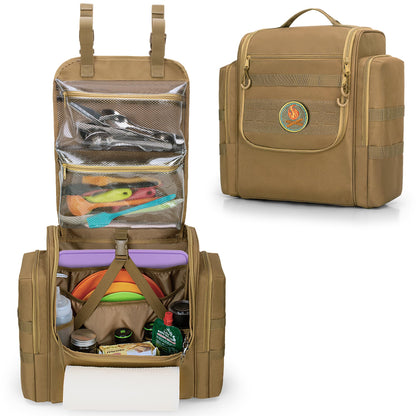 HODRANT Large Tactical Camping Kitchen Organizer, Hanging Cookware Storage Bag with Paper Towel Holder & Multi Pockets, Portable Camp Utensil Organizer for BBQ Cooking Essentials, Khaki, Bag Only
