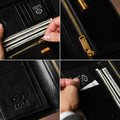 Time Resistance Long Leather Wallet - Bifold Mens Suit Leather Wallet - Checkbook Wallet - Tall Billfold Card Case - Slim Wallet Made in Italy (Black)