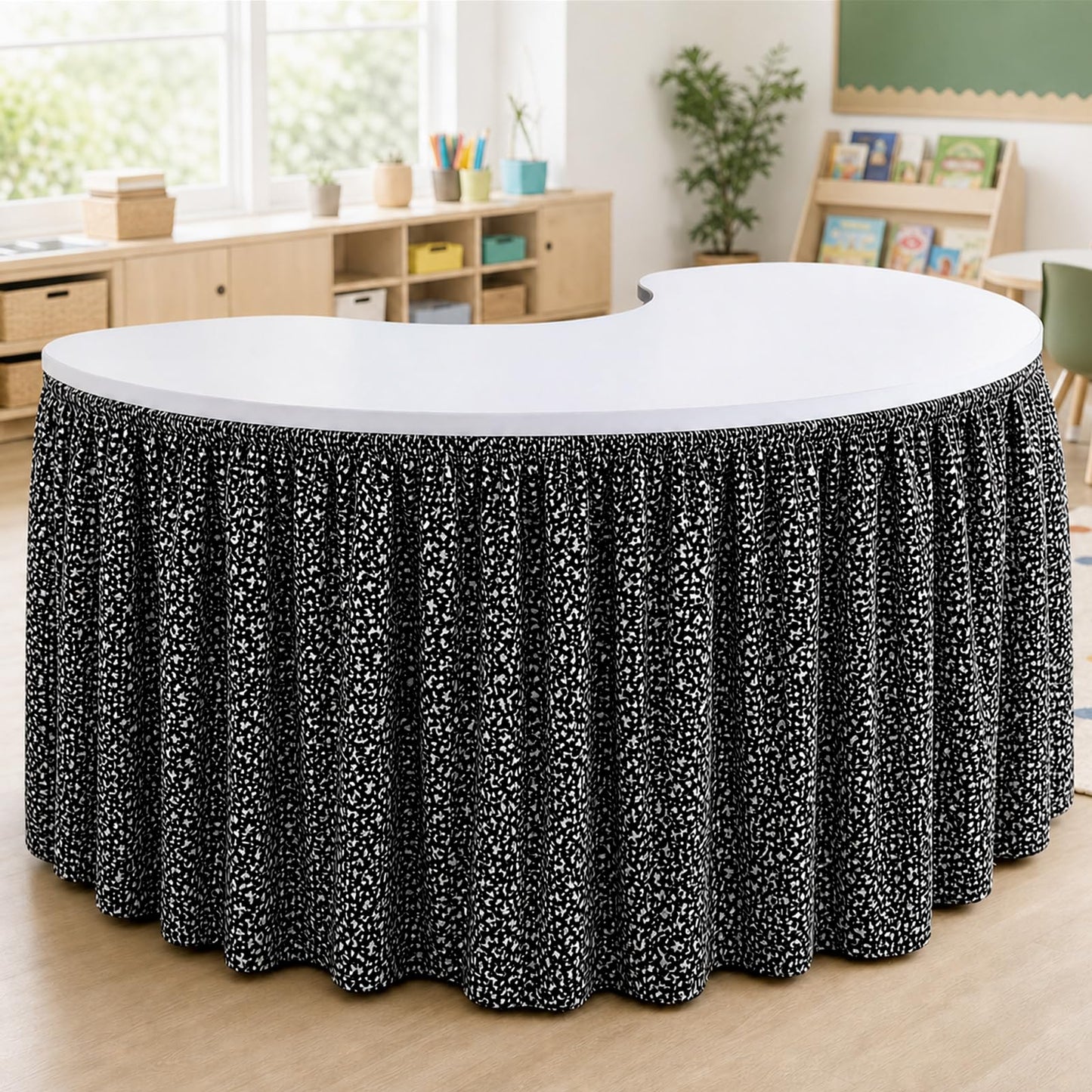 AKAIXI 12FT Black and White Composition Table Skirt Ruffle Teacher Desk Skirts for Classroom Decorations Table Cover Skirt for Kidney Shaped Desk Party Supplies Kindergarten Office Bookcase Cabinet
