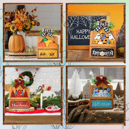 GlikCeil 37 Pcs Interchangeable Seasonal Decor Farmhouse Breadboard Interchangeable Seasonal Tier Tray Decor Holiday Halloween Thanksgiving Christmas Wooden Decoration with Bow for Table Kitchen