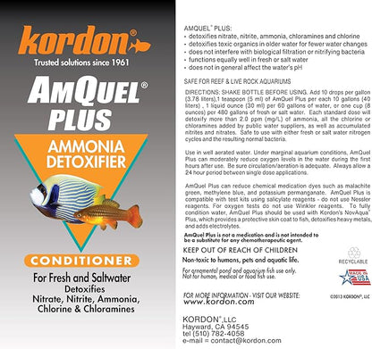 Kordon AmQuel Plus Aquarium Water Conditioner - Instantly Detoxifies Ammonia, Nitrite, Nitrate, and Chlorine Remover for Freshwater & Saltwater Aquariums, 16 Ounces (Pack of 2)