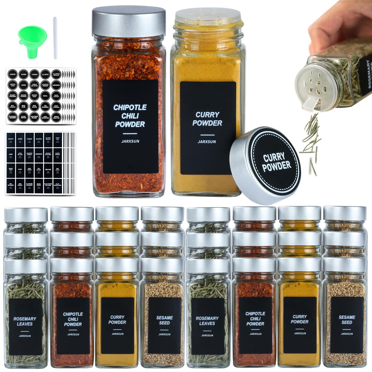 JARXSUN 24 Glass Storage Jars- Spice Jars with Label-4oz Spice Containers with Shaker Lids and Silvery Lids,3 Sets of Spice Labels for Spice Rack