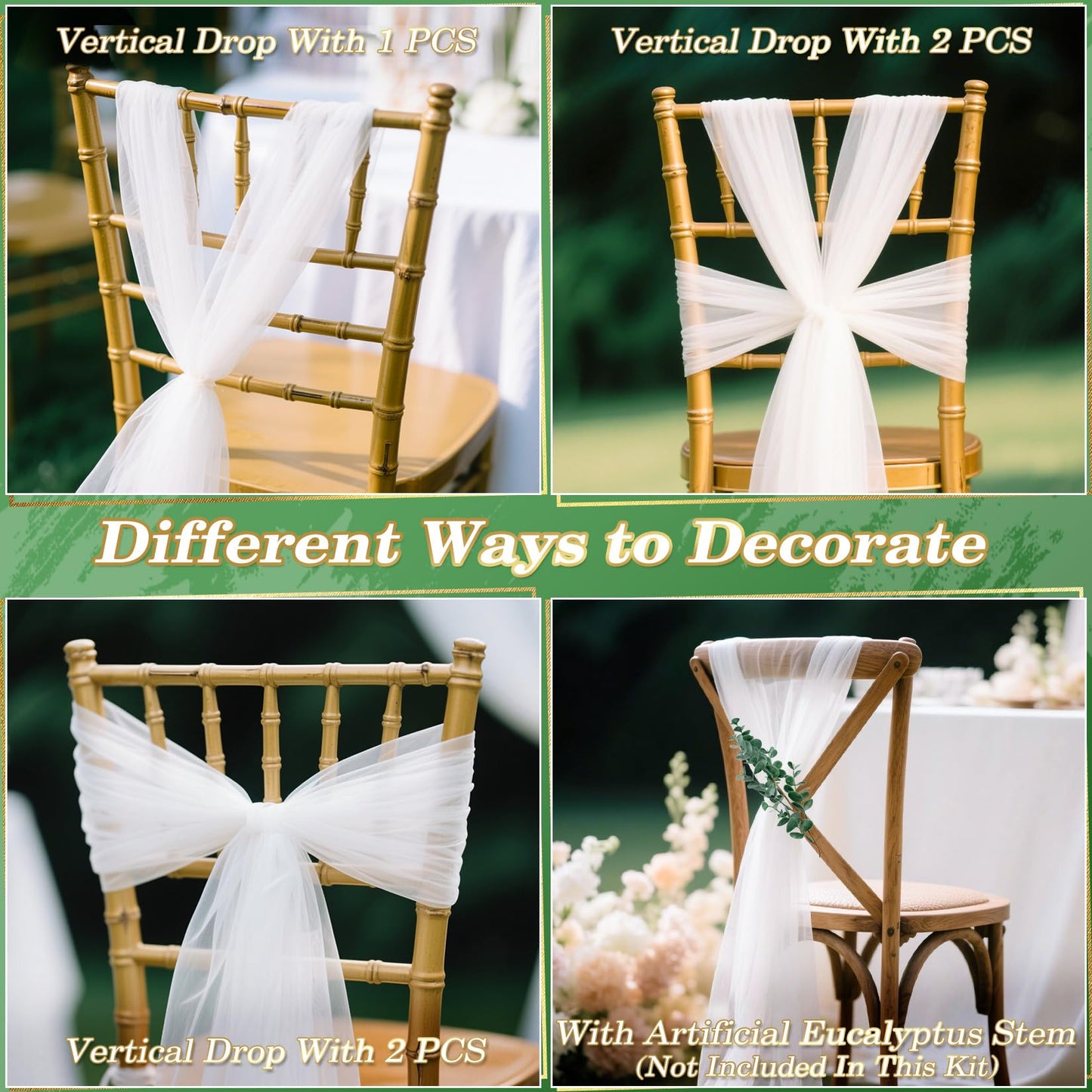 5PCS RAINFLOW White Chair Sashes - Wedding Aisle Decorations Long 19.6IN x 7.8FT Tulle Venue Decoration for Banquet Chair Back Side Bridal Baby Shower Birthday Party