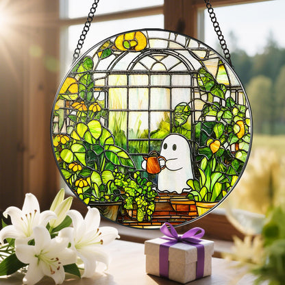 LAOWEIKI 8'' Halloween Ghost Greenhouse Sun Catcher Ornament, Stained Glass Window Hanging, Sun Catchers for Windows Hanging Ornaments, Window Decor, Holiday Present, Ideal Gift | Plant Lovers Gifts