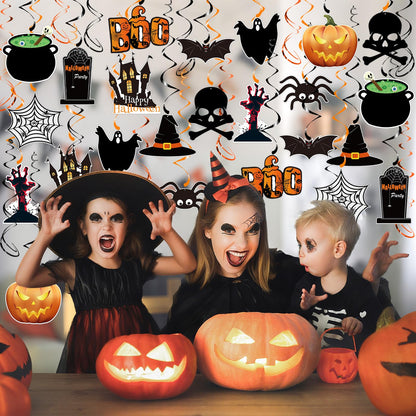 PartyGarden Halloween Hanging Swirl Decorations - 36 Pcs Hanging Spooky Ceiling Decor with Ghost, Pumpkin, Skull for Home, Office, Party