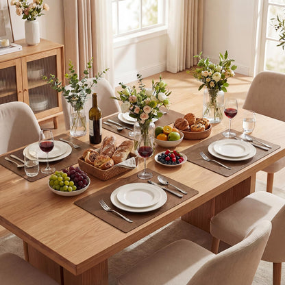Artoid Mode Brown Faux Leather Placemats Set of 6, 12x18 Inch Waterproof Wipeable Heat Resistant Vinyl Place Mats, Reversible Table Mats for Kitchen Dining Decor
