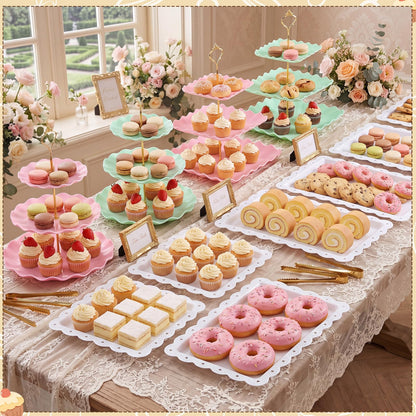 Remerry 16 Pcs Dessert Table Display Set 3 Tier Cupcake Stands Tower Holder Plastic Cookie Serving Trays Gold Serving Tongs for Tea Party Wedding Baby Shower Birthday Table Display (Pink and Green)