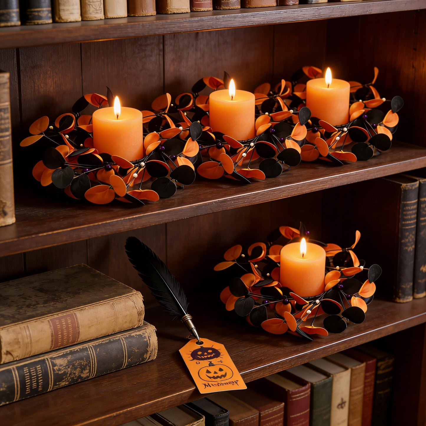 4 Pcs Small Halloween Hanging Wreaths with Artificial Orange Black Eucalyptus Leaves Dark Purple Berry Beads Gothic Mini Cabinet Wreath for Home Table Centerpieces Kitchen Halloween Party Decor