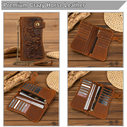 Yevabo Retro Full-grain Genuine Leather Long Wallet Tiger Embossed Bi-fold Clutch Wallet with Anti-Theft Chain, Card Holder Zipper Coin Purse for Men, Brown
