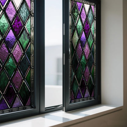 IVN Privacy Window Film Stained Glass Window Cling Purple Green Diamond Pattern Decorative Static Cling Window Sticker for Bathroom Kitchen Entry Door 17.7 x 39.3 Inch