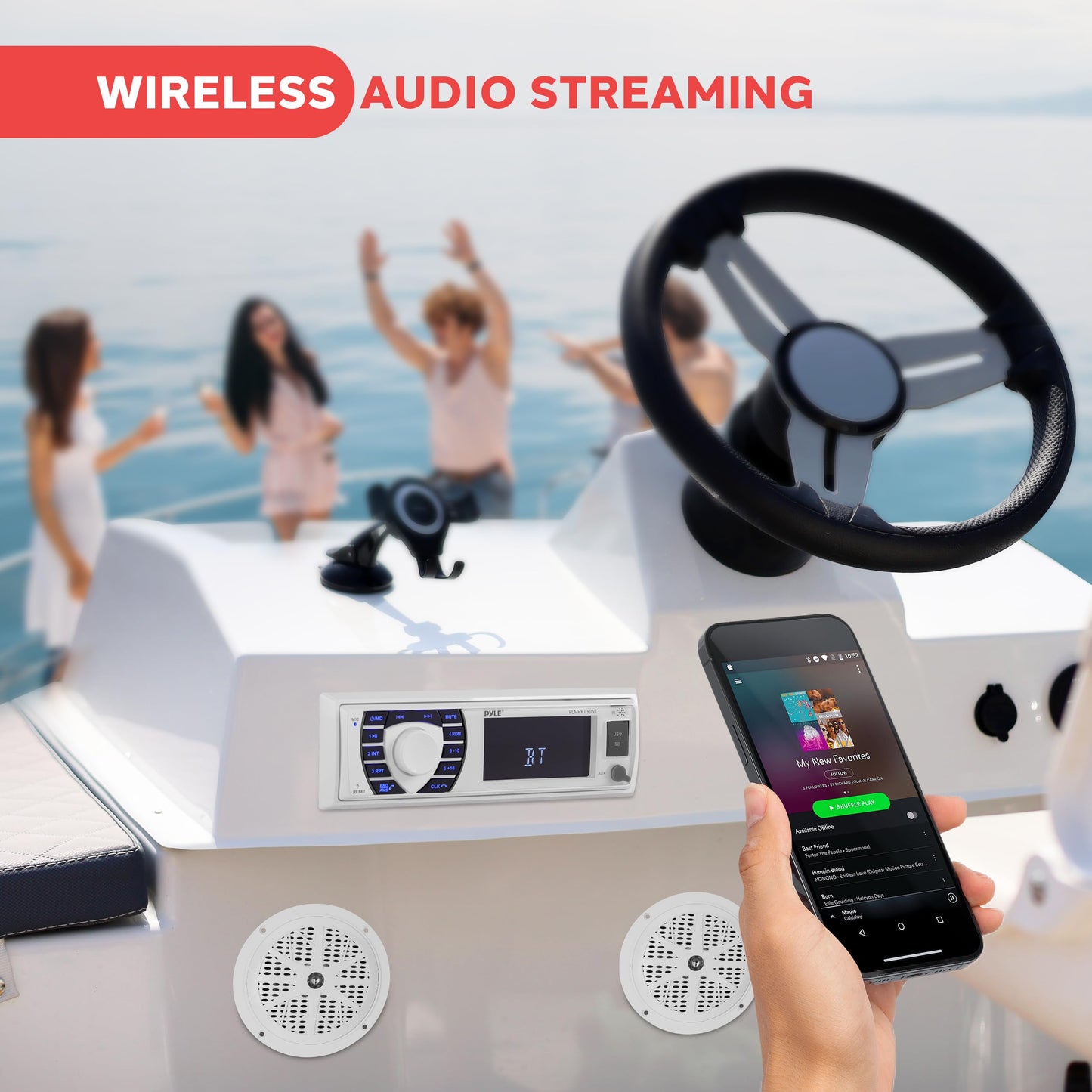 Pyle Marine Receiver & Speaker Kit - In-Dash LCD Digital Stereo Built-in Bluetooth & Microphone w/ AM FM Radio System 5.25’’ Waterproof Speakers (2) MP3/USB/SD Readers & Remote Control - PLMRKT36WT