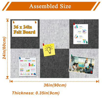 HULAVO Large Square Felt Cork Board Tiles, Self Adhesive DIY Felt Bulletin Board with 35 Pushpins for Office School Home Wall Decor Stickers Memos (Deep & Light Grey)