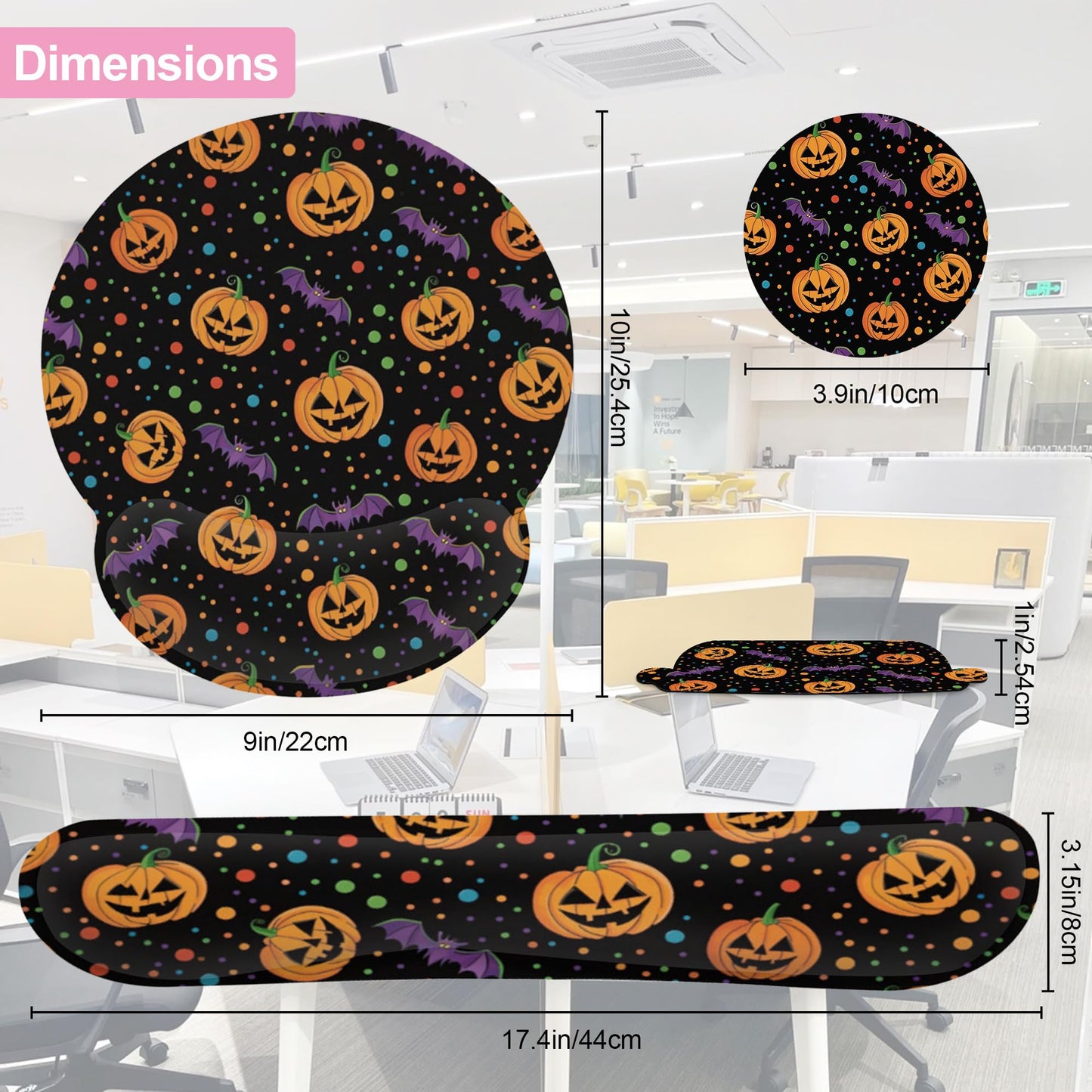 Halloween Pumpkin Bat Keyboard Wrist Rest Pad Mouse Pad Set,Ergonomic Mousepad Wrist Support Memory Foam Desk Pad for Gaming Office,Non-Slip Rubber Base Easy Typing for Home Office Computers