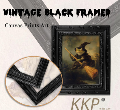 KKP Vintage Frog Witch Wall Art, Framed Goth Frog on Broom Canvas Prints