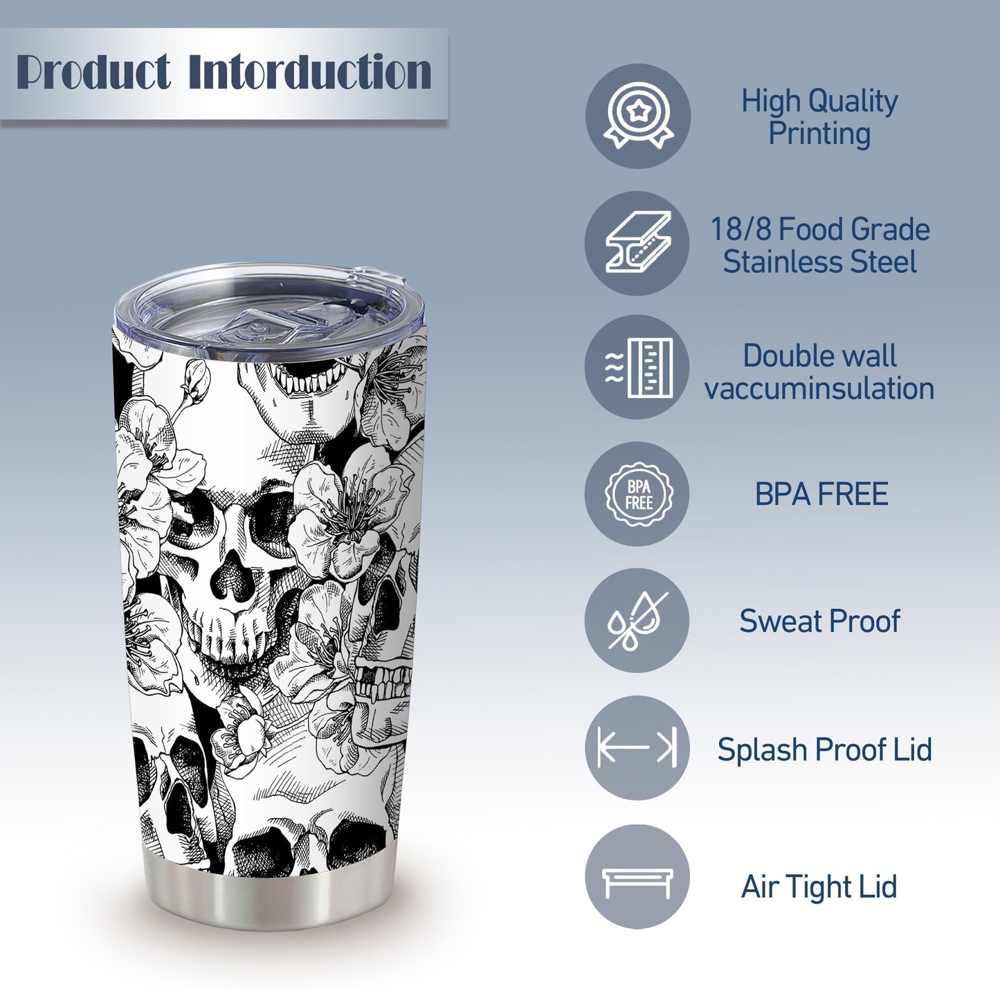 ATHAND Goth Skull Floral Tumblers,20 Oz Halloween Insulated Stainless Steel Iced Coffee Tumbler with Lid,Funny Travel Coffee Mug Cup Water Bottle,Novelty Gift for Trick or Treat Birthday Party,1 Pcs