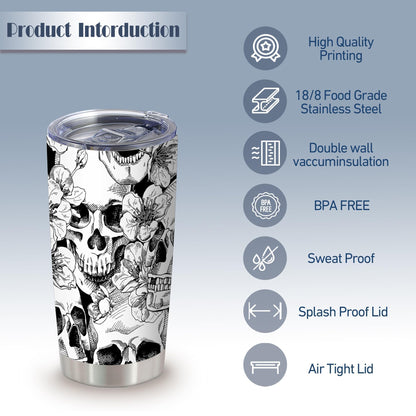 ATHAND Goth Skull Floral Tumblers,20 Oz Halloween Insulated Stainless Steel Iced Coffee Tumbler with Lid,Funny Travel Coffee Mug Cup Water Bottle,Novelty Gift for Trick or Treat Birthday Party,1 Pcs