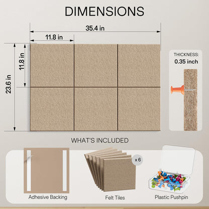 MaxGear Large Cork Board for Wall 36" x 24", Tan Bulletin Board, 6 Pack Felt Wall Tiles with Pushpins, Cork Boards for Office Pin Board Tack Board Cork Boards