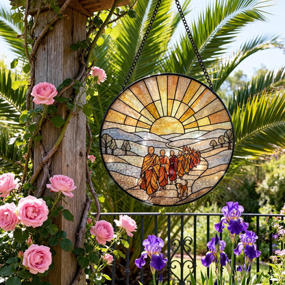 Stained Glass Window Hanging, Walk for Peace Monks with Aloka in Faux Stained Glass Landscape Panel Sun Catchers Decor for Birthday for Women, Men, Wife, Aunt, and Mom 7.87 in