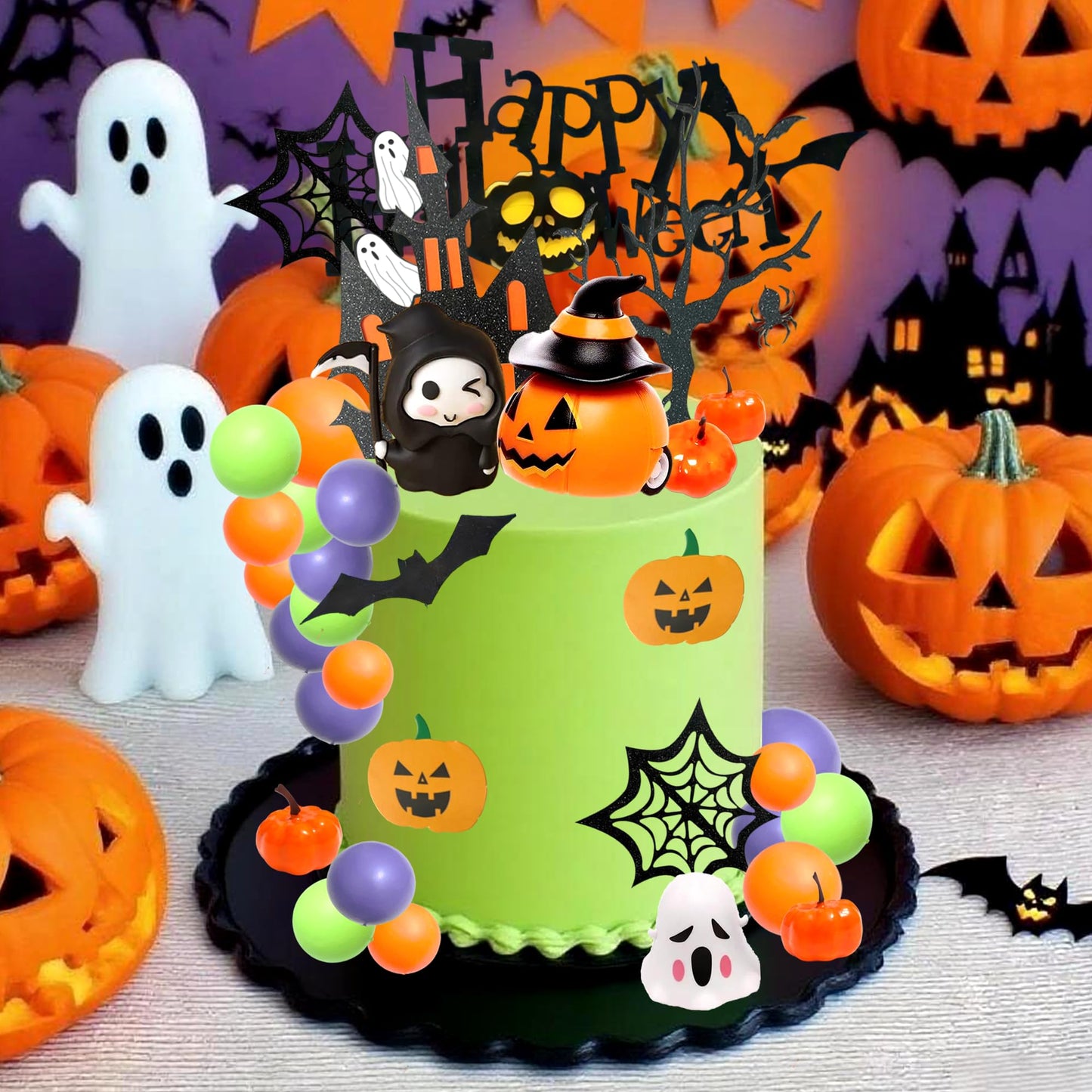 Tyotrbs Halloween Cake Toppers 3D Pumpkin Bat Ghost Cake Balls Cake Decorations Happy Halloween Cake Topper For HalloweenParty Supplies