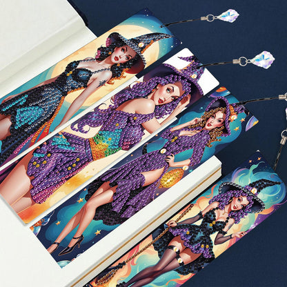 JISHSHAY 4 PCS Halloween Diamond Painting Bookmarks Witch Diamond Art Book Marks Witch Gem Art Bookmarkers Gem Painting Book Markers Horror Crafts for Adults DIY Bookmarks Embroidery Bookmarkers