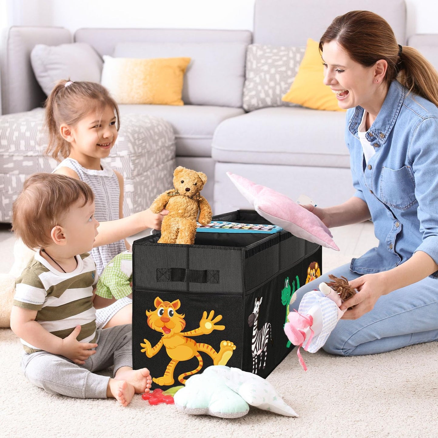 Extra Large Toy Box, Collapsible Sturdy Toy Storage Organizer with Lids, Dinosaur Storage Box for Boys Girls, 42"x16"x14" Kids Bin Chest Baskets for Living Room, Playroom, Bedroom, Nursery, Black