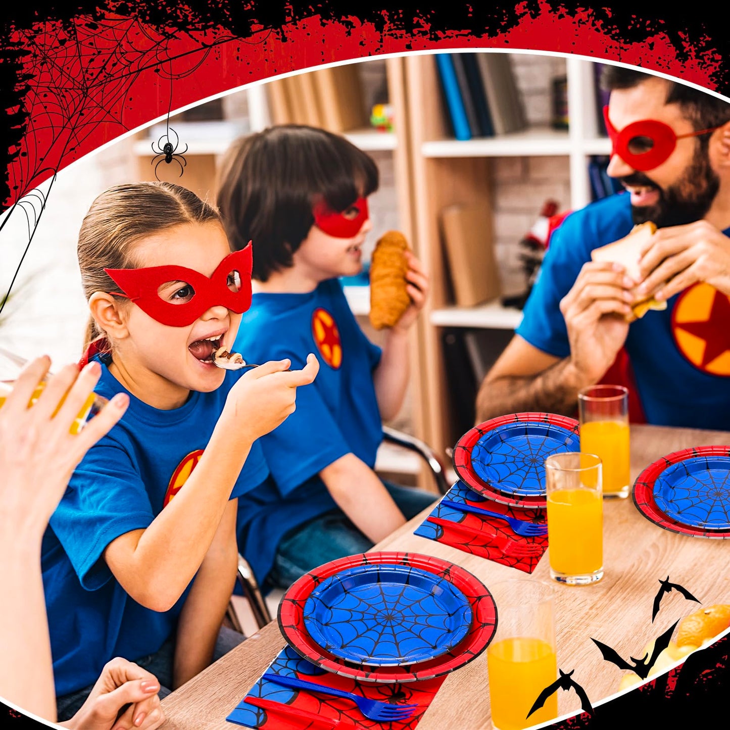 JarThenaAMCS 96 Pcs Spider Tableware Sets Serves 24 Guests Red Blue Spider Web Plates Napkins Forks Disposable Dinnerware for Halloween Birthday Party Favors
