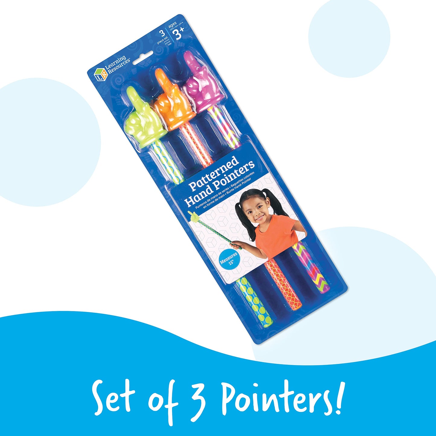 Learning Resources 15" Patterned Hand Pointers, Set of 3 - Pointer Finger Stick, Teacher for Classroom for, Focus for Reading, Presentation Tools