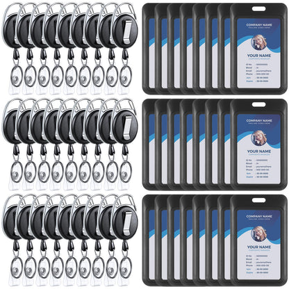 Dispowreath 24 Pack Sliding Badge Holder with Retractable Clip Black Vertical Plastic ID Card Case Protector, Heavy Duty Badge Reel ID Holders for Keychain Key Card Nurse Office Credit License
