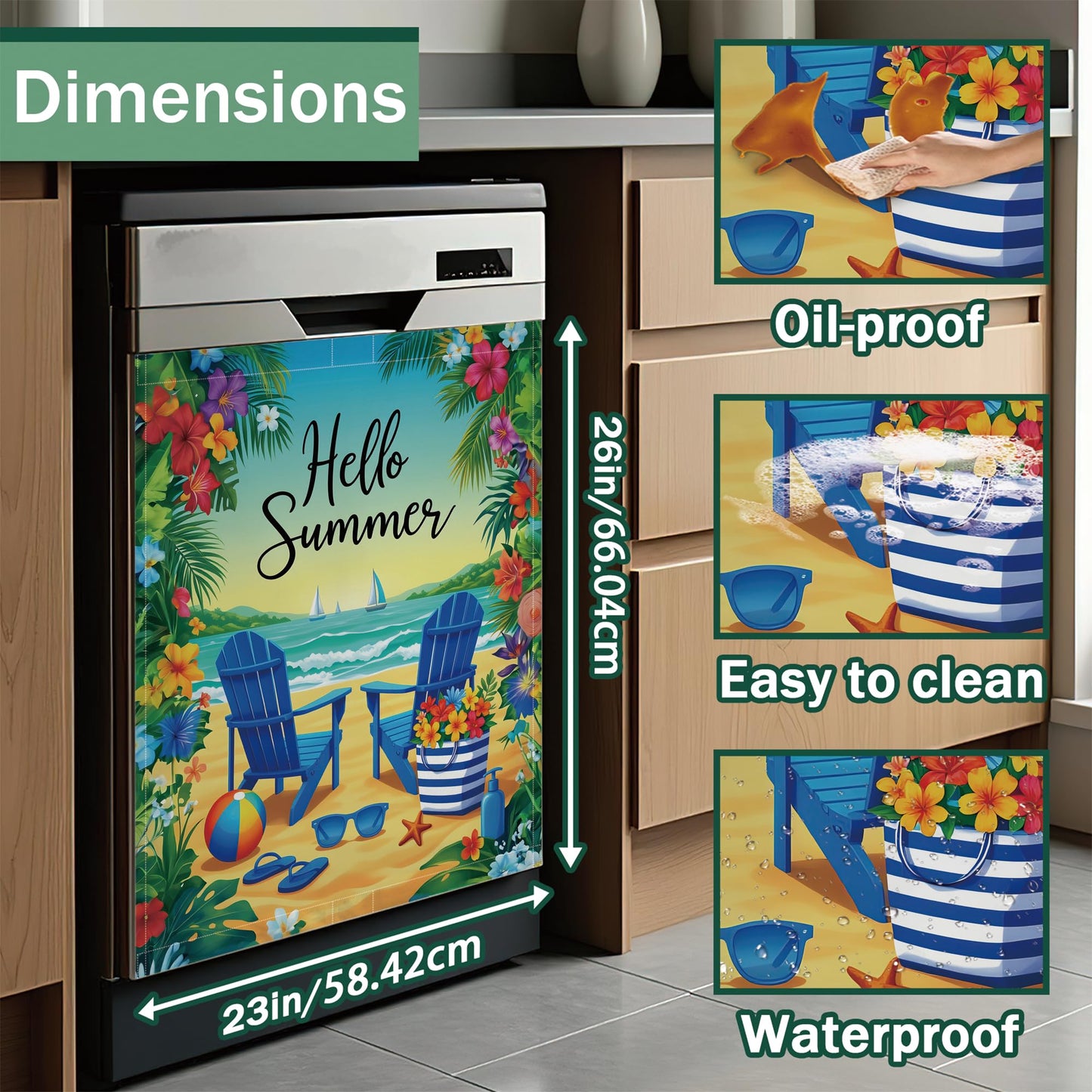 Summer Beach Refrigerator Magnet Cover,Tropical Flowers Washable Dishwasher Magnets Decorative Cover,Home Kitchen Decorative Dishwasher Front Panel Cover 23x26 Inch